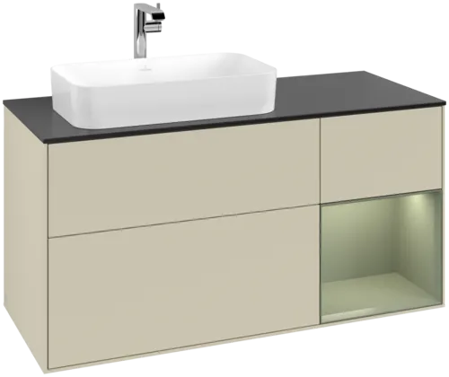Obrázek VILLEROY BOCH Toaletní skříňka Finion, s osvětlením, 3 výsuvy, 1200 x 603 x 501 mm, hedvábně šedý matný lak / olivový matný lak / černé matné sklo #F282GMHJ