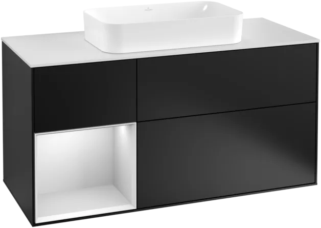 VILLEROY BOCH Finion Vanity unit, with lighting, 3 pull-out compartments, 1200 x 603 x 501 mm, Black Matt Lacquer / White Matt Lacquer / Glass White Matt #F291MTPD resmi