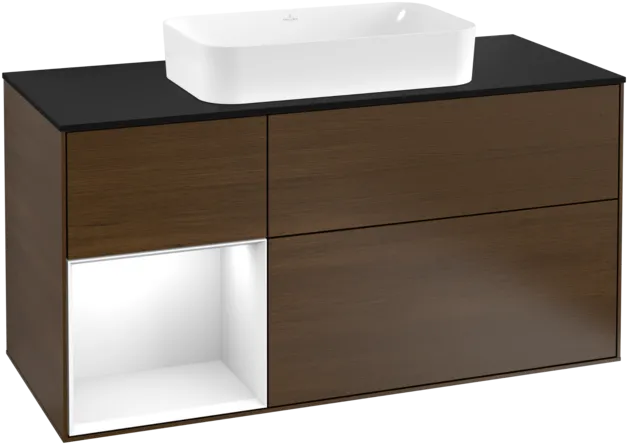 VILLEROY BOCH Finion Vanity unit, with lighting, 3 pull-out compartments, 1200 x 603 x 501 mm, Walnut Veneer / Glossy White Lacquer / Glass Black Matt #F292GFGN resmi