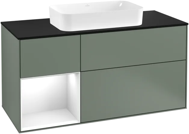 VILLEROY BOCH Finion Vanity unit, with lighting, 3 pull-out compartments, 1200 x 603 x 501 mm, Olive Matt Lacquer / Glossy White Lacquer / Glass Black Matt #F292GFGM resmi