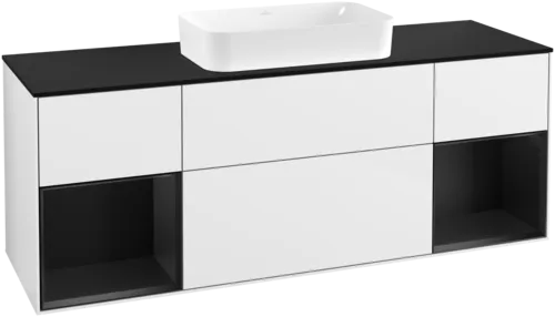 VILLEROY BOCH Finion Vanity unit, with lighting, 4 pull-out compartments, 1600 x 603 x 501 mm, Glossy White Lacquer / Black Matt Lacquer / Glass Black Matt #F332PDGF resmi
