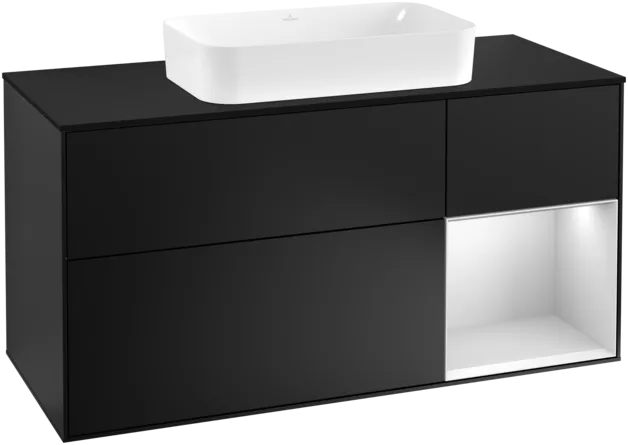 VILLEROY BOCH Finion Vanity unit, with lighting, 3 pull-out compartments, 1200 x 603 x 501 mm, Black Matt Lacquer / White Matt Lacquer / Glass Black Matt #F302MTPD resmi