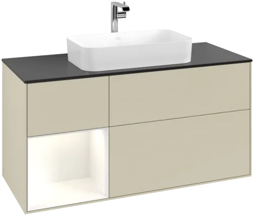 Obrázek VILLEROY BOCH Toaletní skříňka Finion, s osvětlením, 3 výsuvy, 1200 x 603 x 501 mm, hedvábně šedý matný lak / lesklý bílý lak / černé matné sklo #F292GFHJ