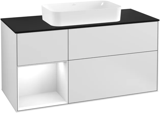 Obrázek VILLEROY BOCH Toaletní skříňka Finion, s osvětlením, 3 výsuvy, 1200 x 603 x 501 mm, bílý matný lak / bílý lesklý lak / černé matné sklo #F292GFMT