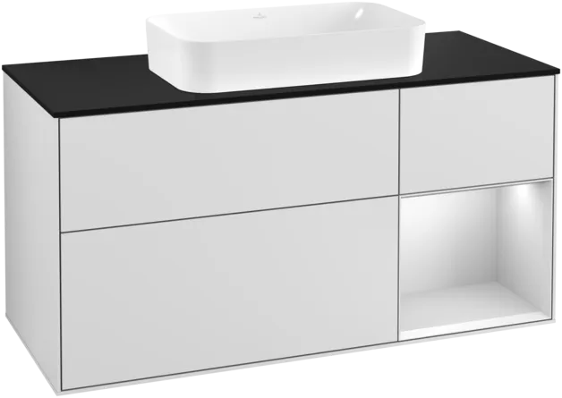 VILLEROY BOCH Finion Vanity unit, with lighting, 3 pull-out compartments, 1200 x 603 x 501 mm, White Matt Lacquer / White Matt Lacquer / Glass Black Matt #F302MTMT resmi