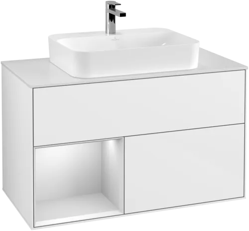 VILLEROY BOCH Finion Vanity unit, with lighting, 2 pull-out compartments, 1000 x 603 x 501 mm, Glossy White Lacquer / White Matt Lacquer / Glass White Matt #F361MTGF resmi