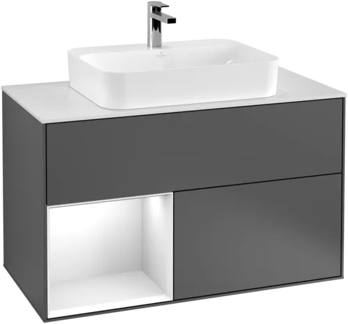 Obrázek VILLEROY BOCH Toaletní skříňka Finion, s osvětlením, 2 výsuvy, 1000 x 603 x 501 mm, antracitový matný lak / bílý matný lak / bílé matné sklo #F361MTGK