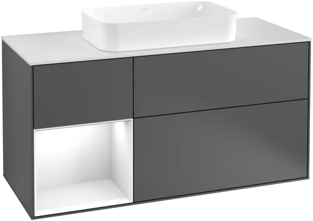 Obrázek VILLEROY BOCH Toaletní skříňka Finion, s osvětlením, 3 výsuvy, 1200 x 603 x 501 mm, antracit matný lak / lesklý bílý lak / sklo bílé matné #F291GFGK