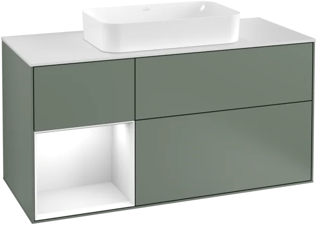 Obrázek VILLEROY BOCH Toaletní skříňka Finion, s osvětlením, 3 výsuvy, 1200 x 603 x 501 mm, olivově matný lak / lesklý bílý lak / sklo bílé matné #F291GFGM