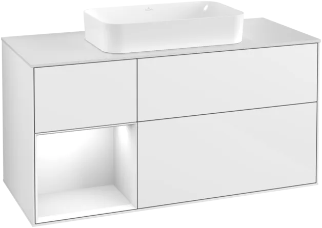 Obrázek VILLEROY BOCH Toaletní skříňka Finion, s osvětlením, 3 výsuvy, 1200 x 603 x 501 mm, lesklý bílý lak / lesklý bílý lak / sklo bílé matné #F291GFGF