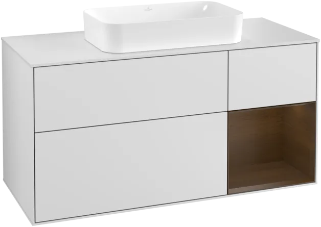 Obrázek VILLEROY BOCH Toaletní skříňka Finion, s osvětlením, 3 výsuvy, 1200 x 603 x 501 mm, bílý matný lak / ořechová dýha / sklo bílé matné #F301GNMT