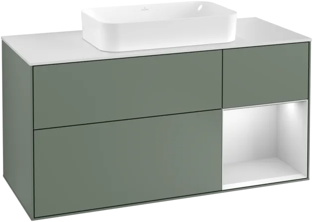 Obrázek VILLEROY BOCH Toaletní skříňka Finion, s osvětlením, 3 výsuvy, 1200 x 603 x 501 mm, olivový matný lak / bílý matný lak / bílé matné sklo #F301MTGM