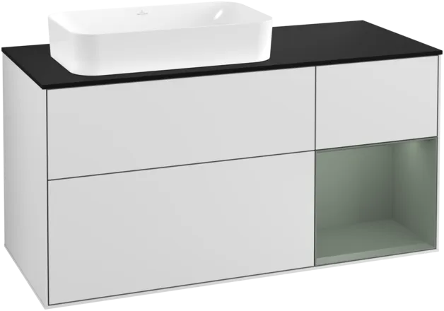 Obrázek VILLEROY BOCH Toaletní skříňka Finion, s osvětlením, 3 výsuvy, 1200 x 603 x 501 mm, bílý matný lak / olivový matný lak / černé matné sklo #F282GMMT