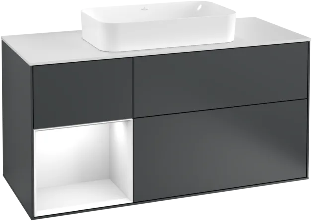 Зображення з  VILLEROY BOCH Finion Vanity unit, with lighting, 3 pull-out compartments, 1200 x 603 x 501 mm, Midnight Blue Matt Lacquer / Glossy White Lacquer / Glass White Matt #F291GFHG
