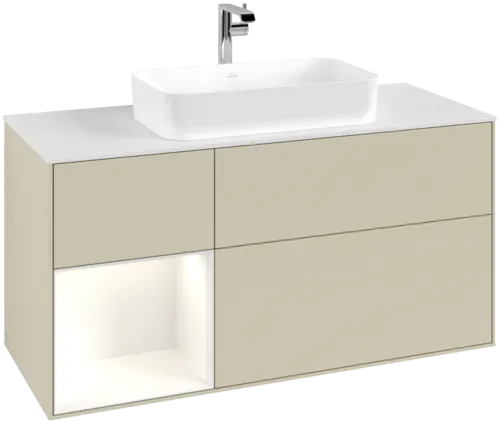 Obrázek VILLEROY BOCH Toaletní skříňka Finion, s osvětlením, 3 výsuvy, 1200 x 603 x 501 mm, hedvábně šedý matný lak / lesklý bílý lak / bílé matné sklo #F291GFHJ