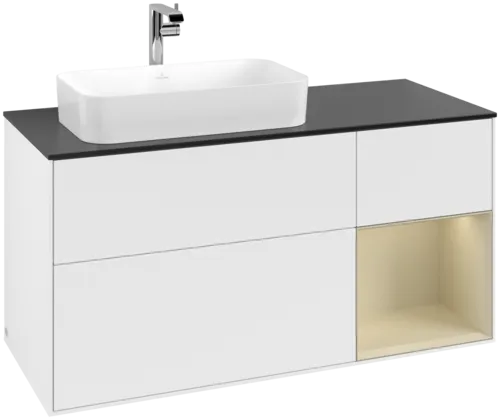 Obrázek VILLEROY BOCH Toaletní skříňka Finion, s osvětlením, 3 výsuvy, 1200 x 603 x 501 mm, bílý matný lak / hedvábně šedý matný lak / černé matné sklo #F282HJMT
