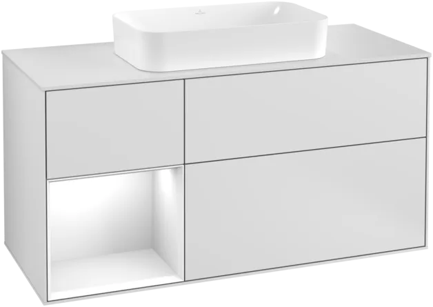 Obrázek VILLEROY BOCH Umyvadlová skříňka Finion, s osvětlením, 3 výsuvy, 1200 x 603 x 501 mm, bílý matný lak / bílý lesklý lak / bílé matné sklo #F291GFMT