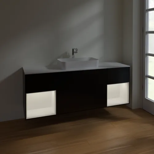VILLEROY BOCH Finion Waschbeckenunterschrank, mit Beleuchtung, 4 Auszüge, 1600 x 603 x 501 mm, Black Matt Lacquer / White Matt Lacquer / Glass White Matt #F331MTPD, Bild 5