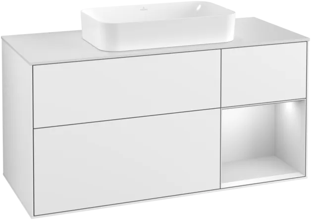 Obrázek VILLEROY BOCH Toaletní skříňka Finion, s osvětlením, 3 výsuvy, 1200 x 603 x 501 mm, lesklý bílý lak / bílý matný lak / bílé matné sklo #F301MTGF