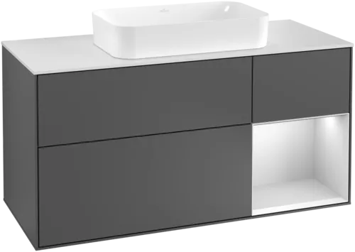 Obrázek VILLEROY BOCH Toaletní skříňka Finion, s osvětlením, 3 výsuvy, 1200 x 603 x 501 mm, antracitový matný lak / bílý matný lak / bílé matné sklo #F301MTGK
