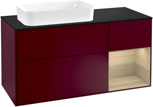 Зображення з  VILLEROY BOCH Finion Vanity unit, with lighting, 3 pull-out compartments, 1200 x 603 x 501 mm, Peony Matt Lacquer / Oak Veneer / Glass Black Matt #F282PCHB