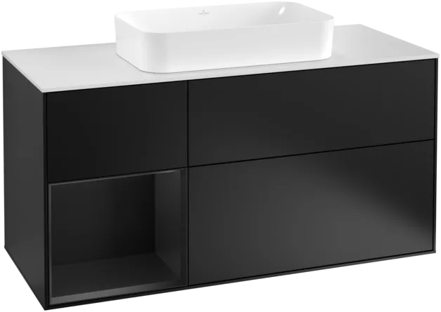 Obrázek VILLEROY BOCH Toaletní skříňka Finion, s osvětlením, 3 výsuvy, 1200 x 603 x 501 mm, černý matný lak / černý matný lak / sklo bílé matné #F291PDPD