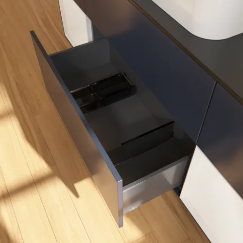 VILLEROY BOCH Finion Waschbeckenunterschrank, mit Beleuchtung, 4 Auszüge, 1600 x 603 x 501 mm, Midnight Blue Matt Lacquer / Glossy White Lacquer / Glass Black Matt #F332GFHG, Bild 7