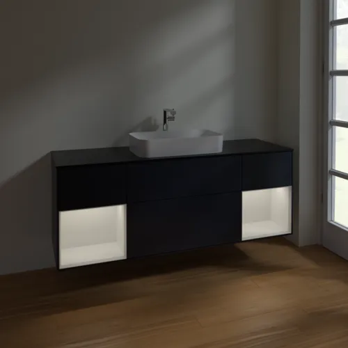 VILLEROY BOCH Finion Waschbeckenunterschrank, mit Beleuchtung, 4 Auszüge, 1600 x 603 x 501 mm, Midnight Blue Matt Lacquer / Glossy White Lacquer / Glass Black Matt #F332GFHG, Bild 5