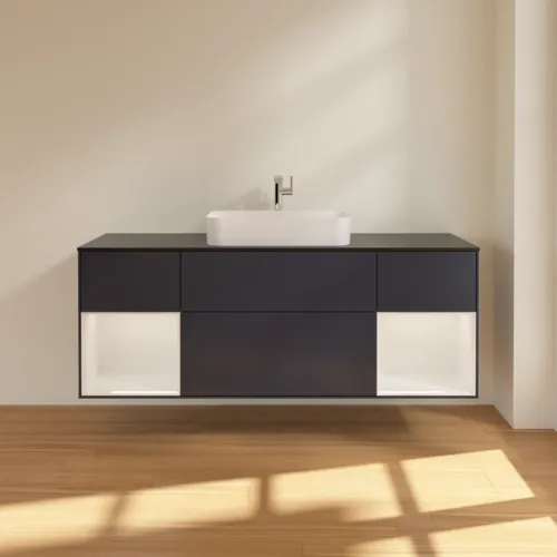 VILLEROY BOCH Finion Waschbeckenunterschrank, mit Beleuchtung, 4 Auszüge, 1600 x 603 x 501 mm, Midnight Blue Matt Lacquer / Glossy White Lacquer / Glass Black Matt #F332GFHG, Bild 3