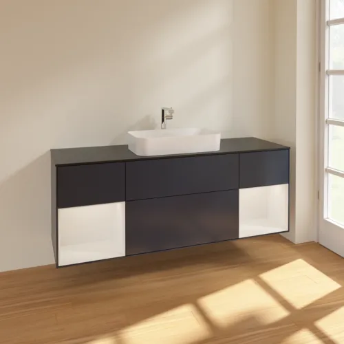 VILLEROY BOCH Finion Waschbeckenunterschrank, mit Beleuchtung, 4 Auszüge, 1600 x 603 x 501 mm, Midnight Blue Matt Lacquer / Glossy White Lacquer / Glass Black Matt #F332GFHG, Bild 2