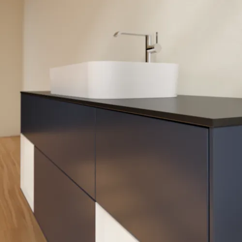 VILLEROY BOCH Finion Waschbeckenunterschrank, mit Beleuchtung, 4 Auszüge, 1600 x 603 x 501 mm, Midnight Blue Matt Lacquer / Glossy White Lacquer / Glass Black Matt #F332GFHG, Bild 6