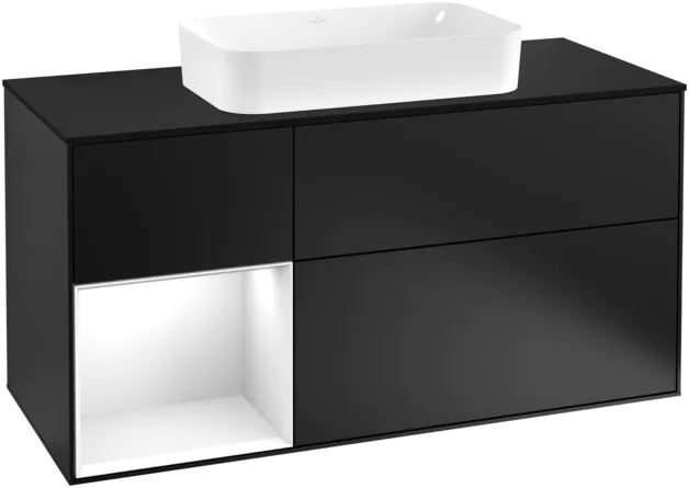 Obrázek VILLEROY BOCH Toaletní skříňka Finion, s osvětlením, 3 výsuvy, 1200 x 603 x 501 mm, černý matný lak / bílý lesklý lak / černé matné sklo #F292GFPD