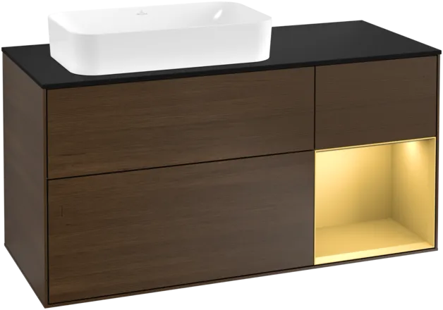 Obrázek VILLEROY BOCH Toaletní skříňka Finion, s osvětlením, 3 výsuvy, 1200 x 603 x 501 mm, ořechová dýha / zlatý matný lak / černé matné sklo #F282HFGN