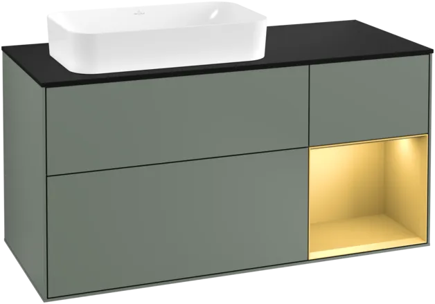 Obrázek VILLEROY BOCH Toaletní skříňka Finion, s osvětlením, 3 výsuvy, 1200 x 603 x 501 mm, olivový matný lak / zlatý matný lak / černé matné sklo #F282HFGM