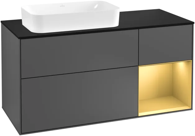 Obrázek VILLEROY BOCH Toaletní skříňka Finion, s osvětlením, 3 výsuvy, 1200 x 603 x 501 mm, antracit matný lak / zlatý matný lak / černé matné sklo #F282HFGK