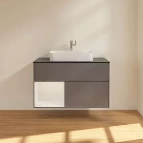VILLEROY BOCH Finion Waschbeckenunterschrank, mit Beleuchtung, 2 Auszüge, 1000 x 603 x 501 mm, Anthracite Matt Lacquer / Glossy White Lacquer / Glass Black Matt #F362GFGK, Bild 3