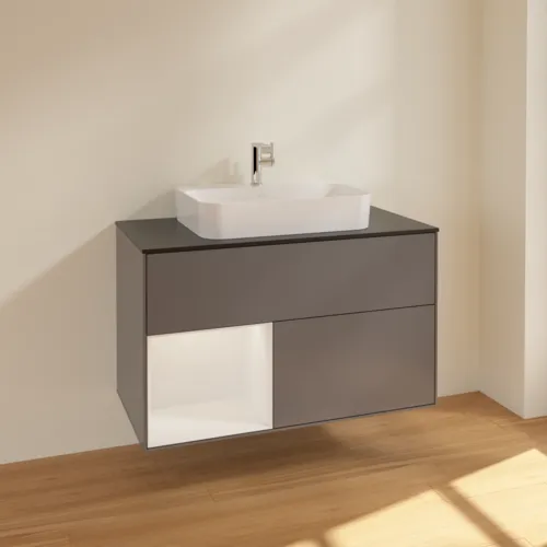 VILLEROY BOCH Finion Waschbeckenunterschrank, mit Beleuchtung, 2 Auszüge, 1000 x 603 x 501 mm, Anthracite Matt Lacquer / Glossy White Lacquer / Glass Black Matt #F362GFGK, Bild 2