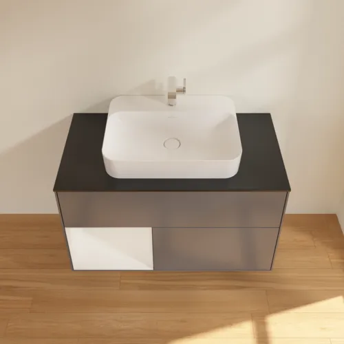 VILLEROY BOCH Finion Waschbeckenunterschrank, mit Beleuchtung, 2 Auszüge, 1000 x 603 x 501 mm, Anthracite Matt Lacquer / Glossy White Lacquer / Glass Black Matt #F362GFGK, Bild 4