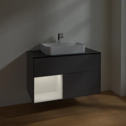 VILLEROY BOCH Finion Waschbeckenunterschrank, mit Beleuchtung, 2 Auszüge, 1000 x 603 x 501 mm, Anthracite Matt Lacquer / Glossy White Lacquer / Glass Black Matt #F362GFGK, Bild 5