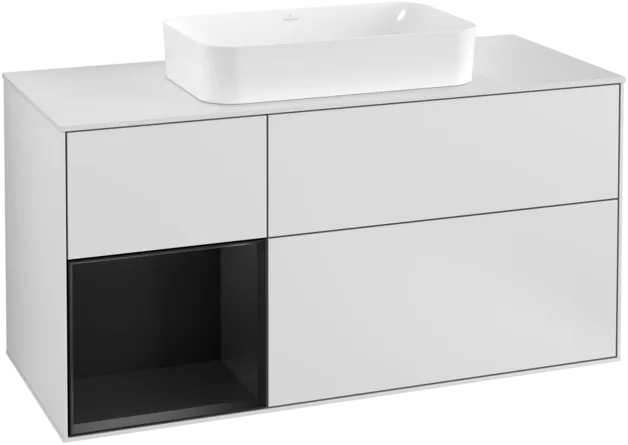 Obrázek VILLEROY BOCH Toaletní skříňka Finion, s osvětlením, 3 výsuvy, 1200 x 603 x 501 mm, bílý matný lak / černý matný lak / bílé matné sklo #F291PDMT