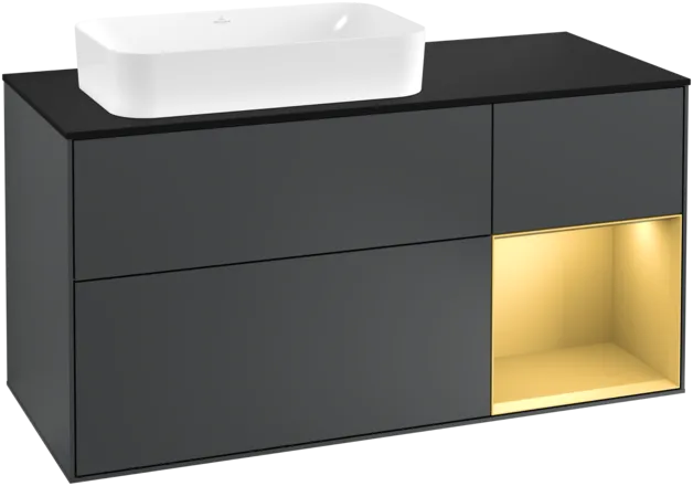 VILLEROY BOCH Finion Vanity unit, with lighting, 3 pull-out compartments, 1200 x 603 x 501 mm, Midnight Blue Matt Lacquer / Gold Matt Lacquer / Glass Black Matt #F282HFHG resmi