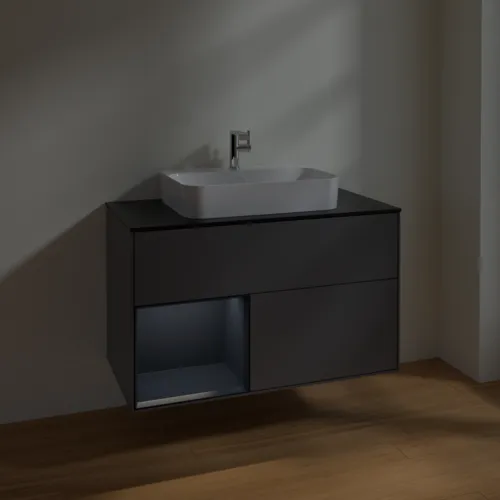 VILLEROY BOCH Finion Waschbeckenunterschrank, mit Beleuchtung, 2 Auszüge, 1000 x 603 x 501 mm, Anthracite Matt Lacquer / Midnight Blue Matt Lacquer / Glass Black Matt #F362HGGK, Bild 5