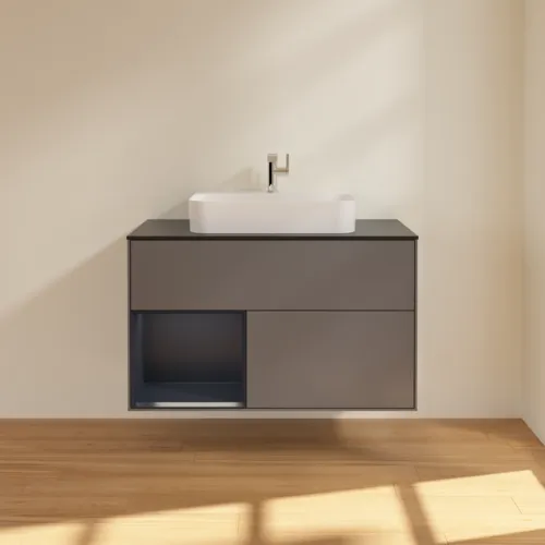 VILLEROY BOCH Finion Waschbeckenunterschrank, mit Beleuchtung, 2 Auszüge, 1000 x 603 x 501 mm, Anthracite Matt Lacquer / Midnight Blue Matt Lacquer / Glass Black Matt #F362HGGK, Bild 3