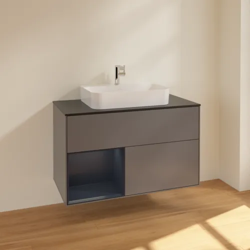 VILLEROY BOCH Finion Waschbeckenunterschrank, mit Beleuchtung, 2 Auszüge, 1000 x 603 x 501 mm, Anthracite Matt Lacquer / Midnight Blue Matt Lacquer / Glass Black Matt #F362HGGK, Bild 2