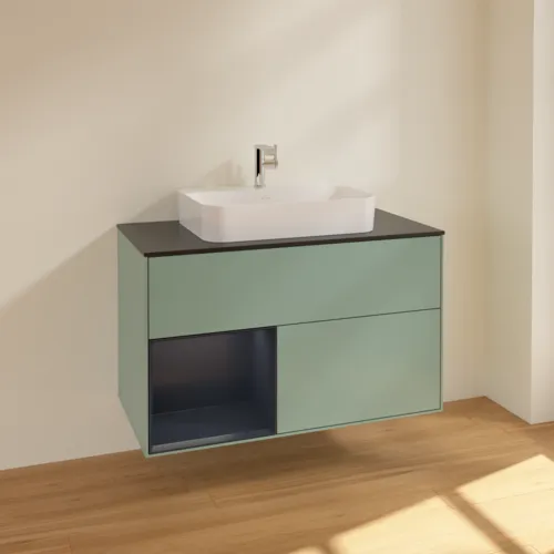 Bild von VILLEROY BOCH Finion Waschbeckenunterschrank, mit Beleuchtung, 2 Auszüge, 1000 x 603 x 501 mm, Olive Matt Lacquer / Midnight Blue Matt Lacquer / Glass Black Matt #F362HGGM