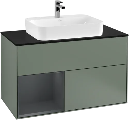 Picture of VILLEROY BOCH Finion Vanity unit, with lighting, 2 pull-out compartments, 1000 x 603 x 501 mm, Olive Matt Lacquer / Midnight Blue Matt Lacquer / Glass Black Matt #F362HGGM