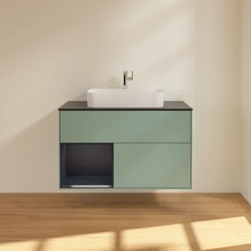 Bild von VILLEROY BOCH Finion Waschbeckenunterschrank, mit Beleuchtung, 2 Auszüge, 1000 x 603 x 501 mm, Olive Matt Lacquer / Midnight Blue Matt Lacquer / Glass Black Matt #F362HGGM