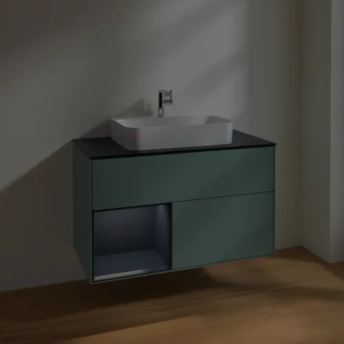 Bild von VILLEROY BOCH Finion Waschbeckenunterschrank, mit Beleuchtung, 2 Auszüge, 1000 x 603 x 501 mm, Olive Matt Lacquer / Midnight Blue Matt Lacquer / Glass Black Matt #F362HGGM