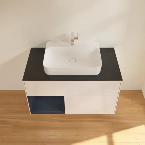 Bild von VILLEROY BOCH Finion Waschbeckenunterschrank, mit Beleuchtung, 2 Auszüge, 1000 x 603 x 501 mm, Glossy White Lacquer / Midnight Blue Matt Lacquer / Glass Black Matt #F362HGGF