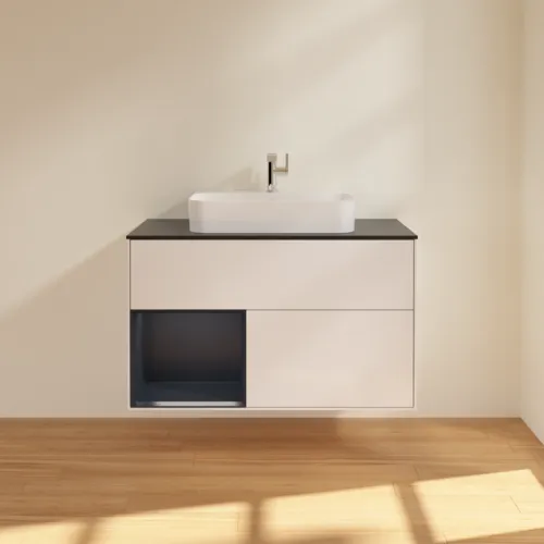 Bild von VILLEROY BOCH Finion Waschbeckenunterschrank, mit Beleuchtung, 2 Auszüge, 1000 x 603 x 501 mm, Glossy White Lacquer / Midnight Blue Matt Lacquer / Glass Black Matt #F362HGGF